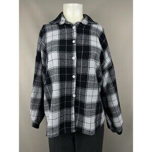 Thick Flannel Button Up High Low Women's M/L Black White Plaid Cozy Lagenlook